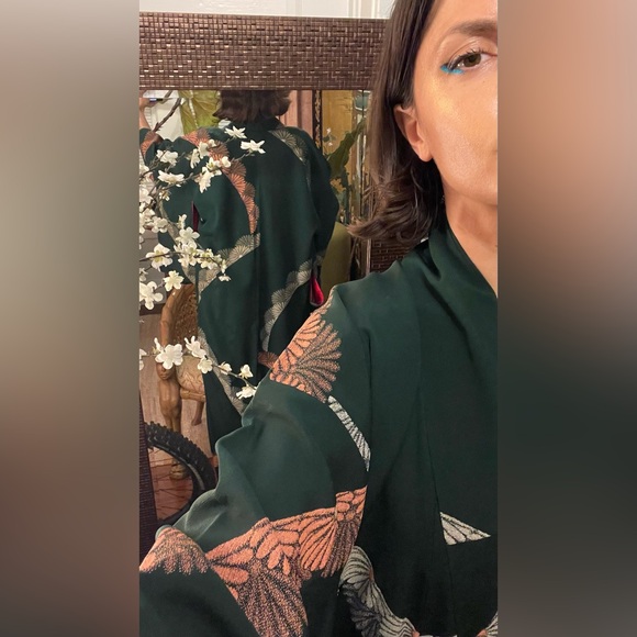 Forest green Shimmering daisy crowns Silk Vintage Kimono red Momi sleeve lining - Picture 4 of 15